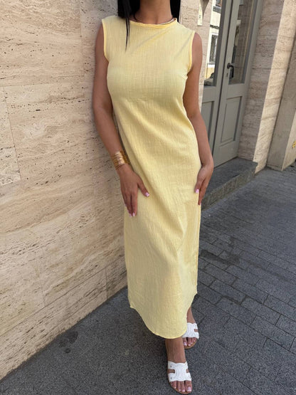 Sleeveless Linen Midi Dress Cafe Breathable Summer Crinkle Fabric