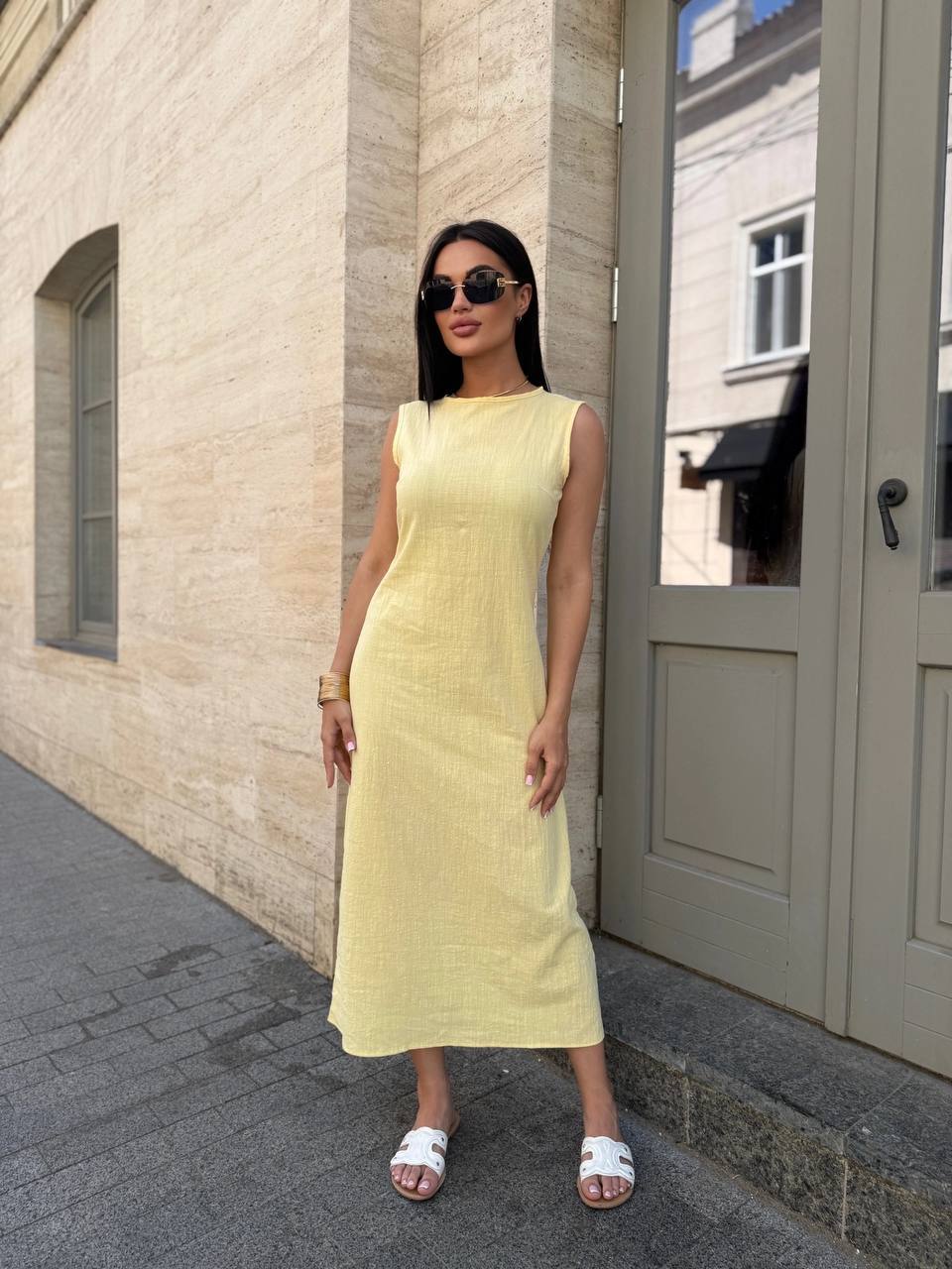 Sleeveless Linen Midi Dress Cafe Breathable Summer Crinkle Fabric