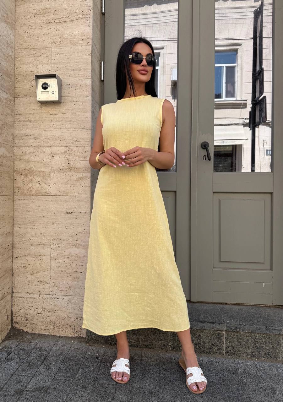 Sleeveless Linen Midi Dress Cafe Breathable Summer Crinkle Fabric