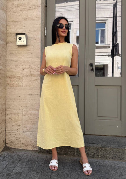 Sleeveless Linen Midi Dress Cafe Breathable Summer Crinkle Fabric