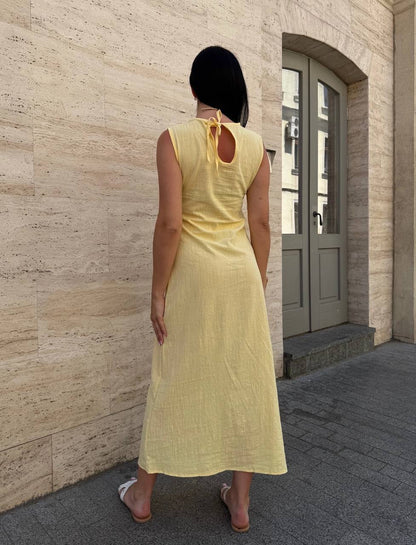 Sleeveless Linen Midi Dress Cafe Breathable Summer Crinkle Fabric