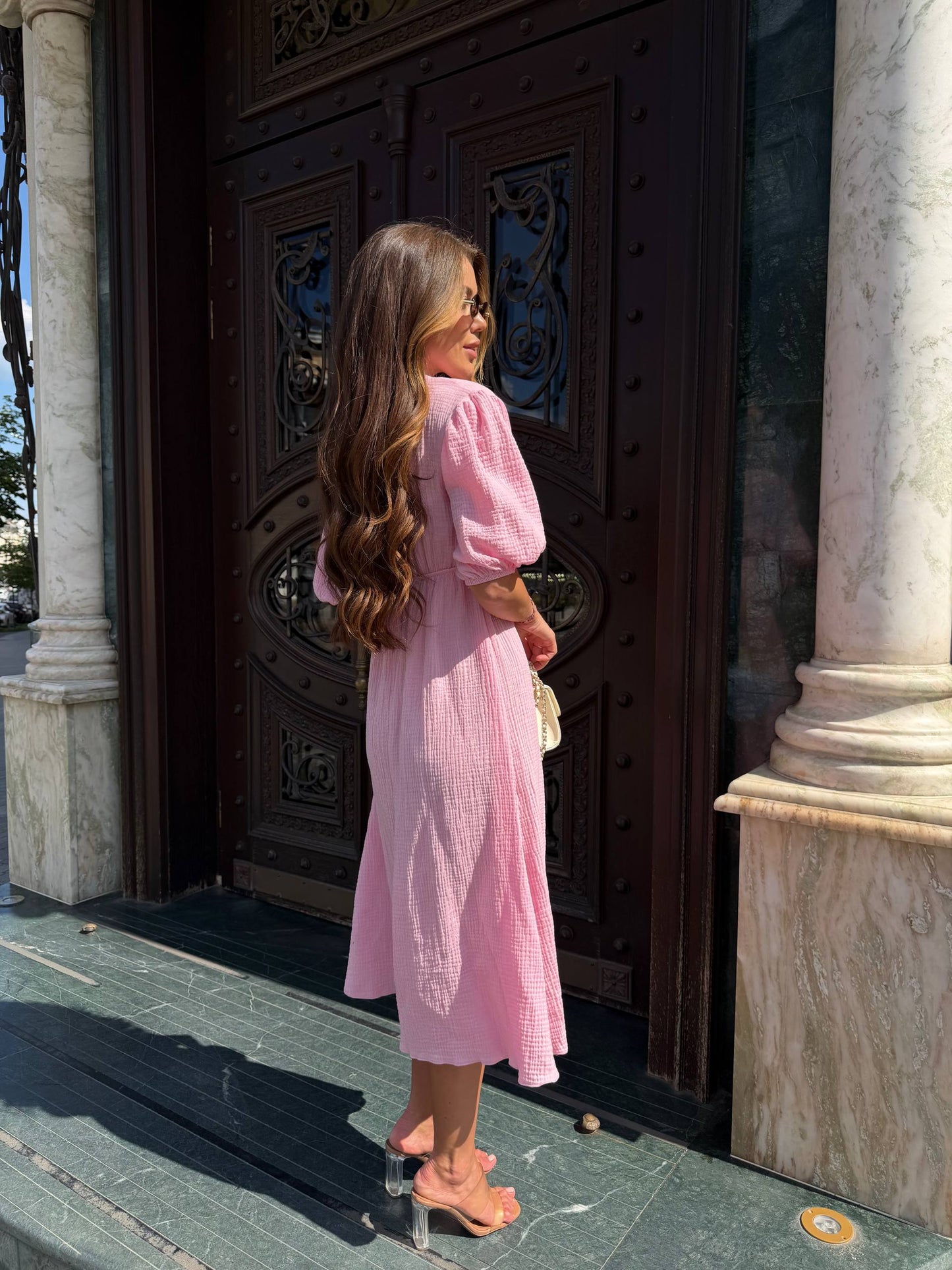 Pink Muslin Midi Dress Puff Sleeve Empire Waist Tie Front