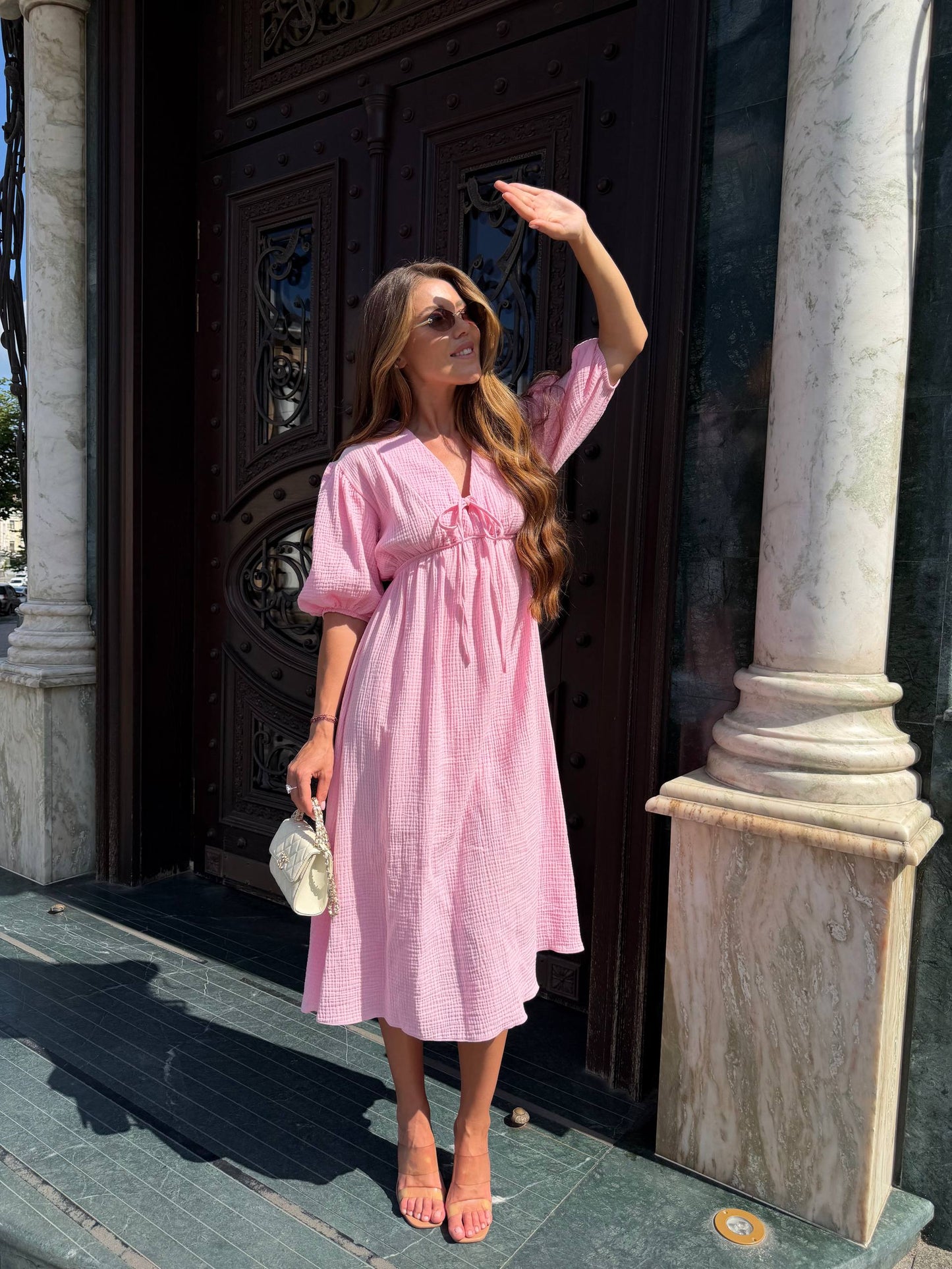 Pink Muslin Midi Dress Puff Sleeve Empire Waist Tie Front