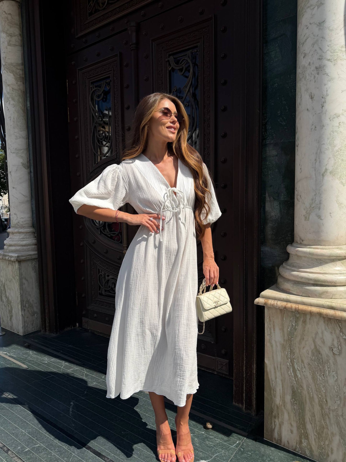 White Muslin Midi Dress Puff Sleeve Tie Neck High Waist Summer Dress