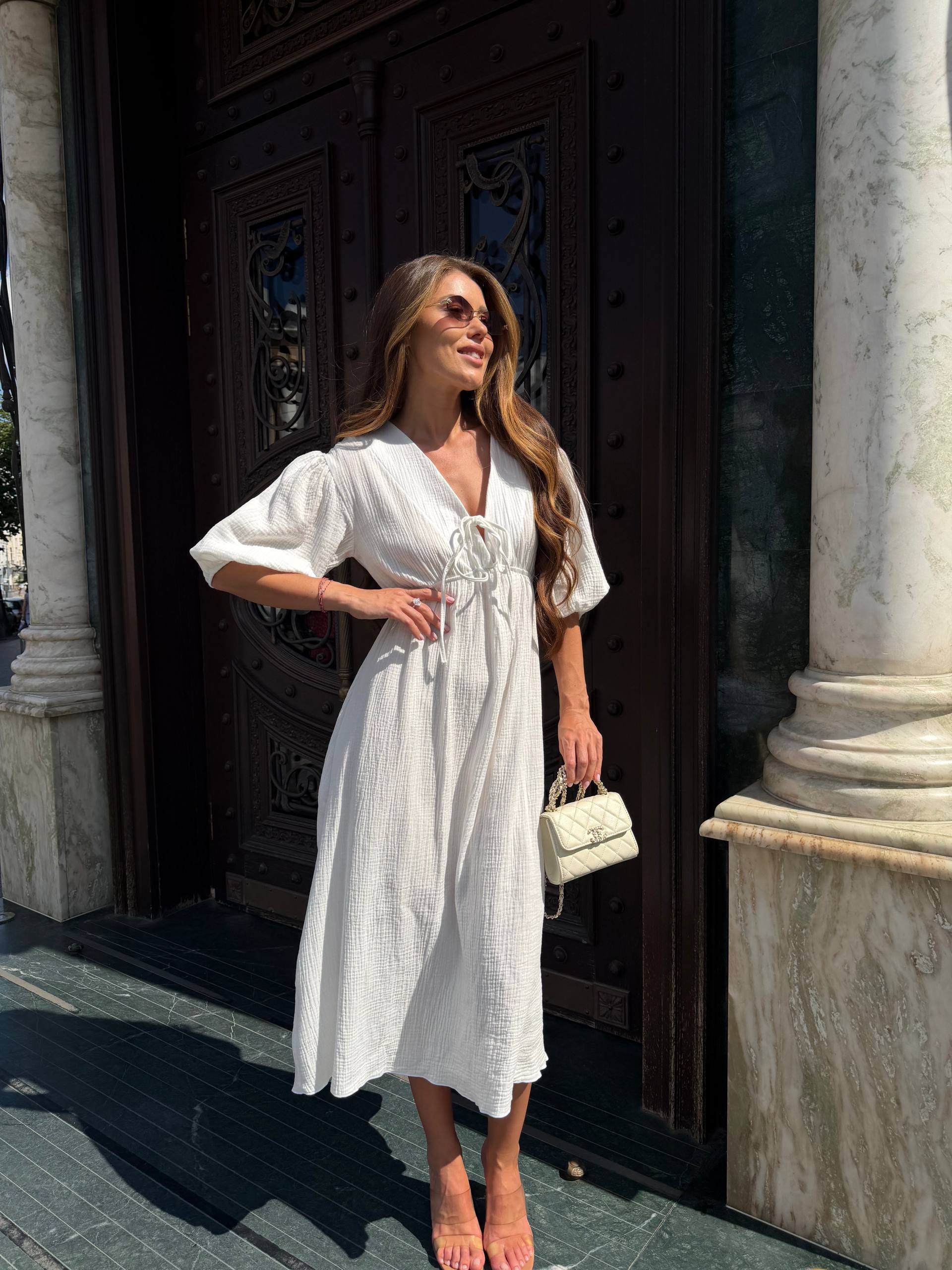 White Muslin Midi Dress Puff Sleeve Tie Neck High Waist Summer Dress