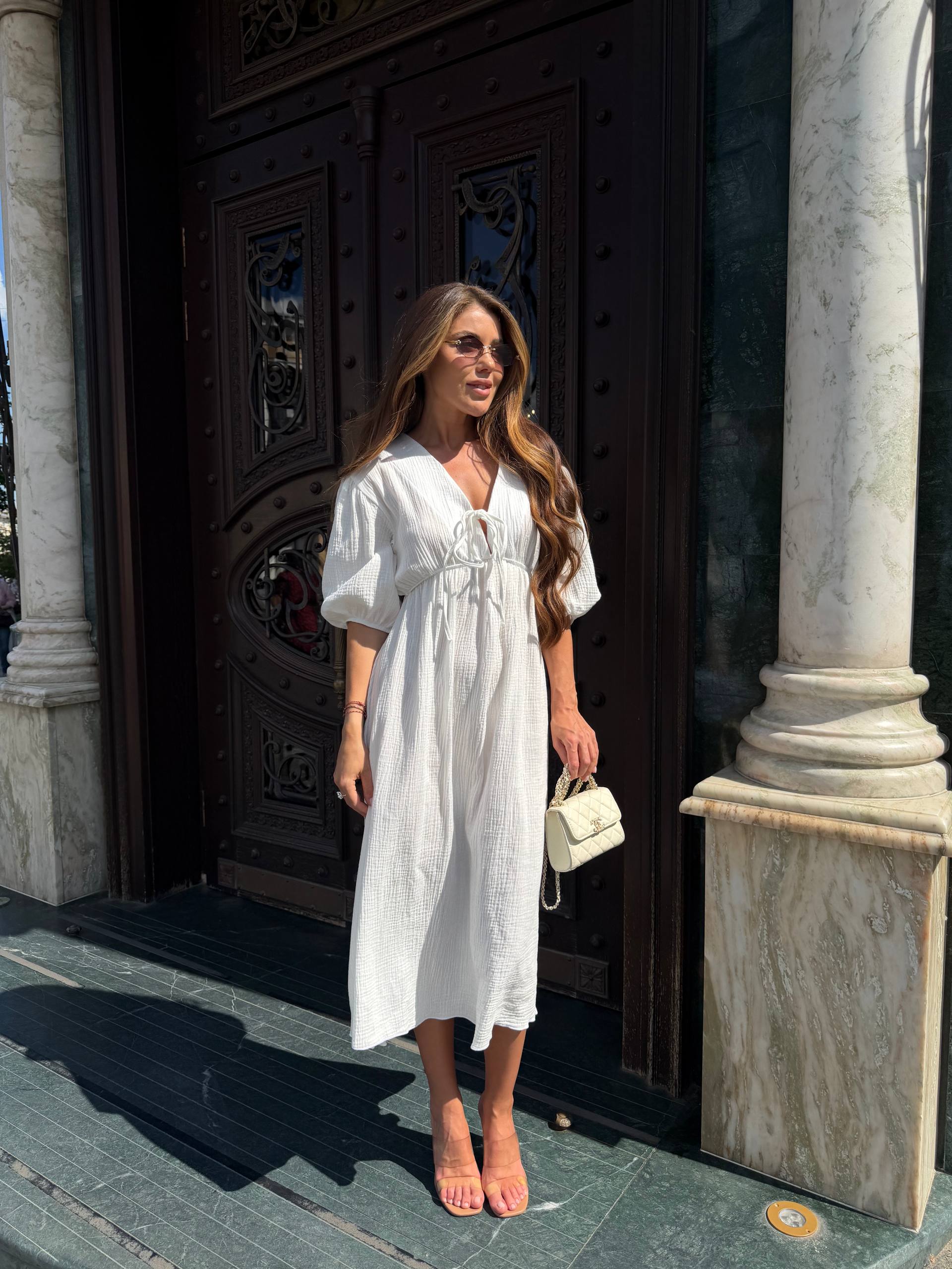 White Muslin Midi Dress Puff Sleeve Tie Neck High Waist Summer Dress