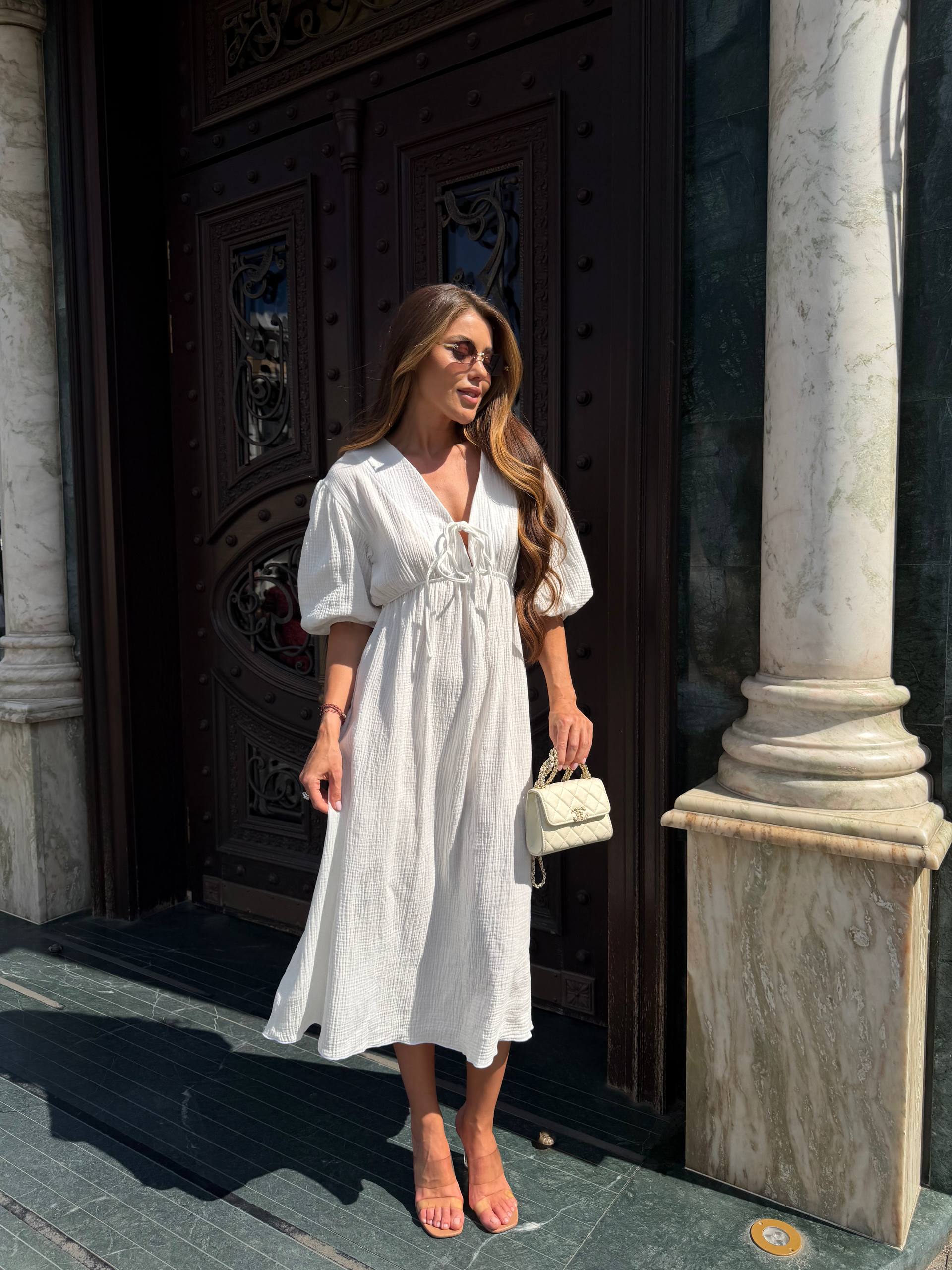 White Muslin Midi Dress Puff Sleeve Tie Neck High Waist Summer Dress