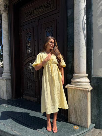 Women Muslin Midi Dress Yellow Puff Sleeves Empire Waist Tie Neckline Breathable Summer Dress