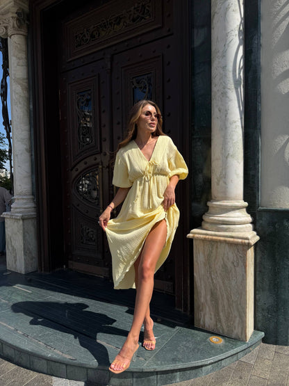 Women Muslin Midi Dress Yellow Puff Sleeves Empire Waist Tie Neckline Breathable Summer Dress