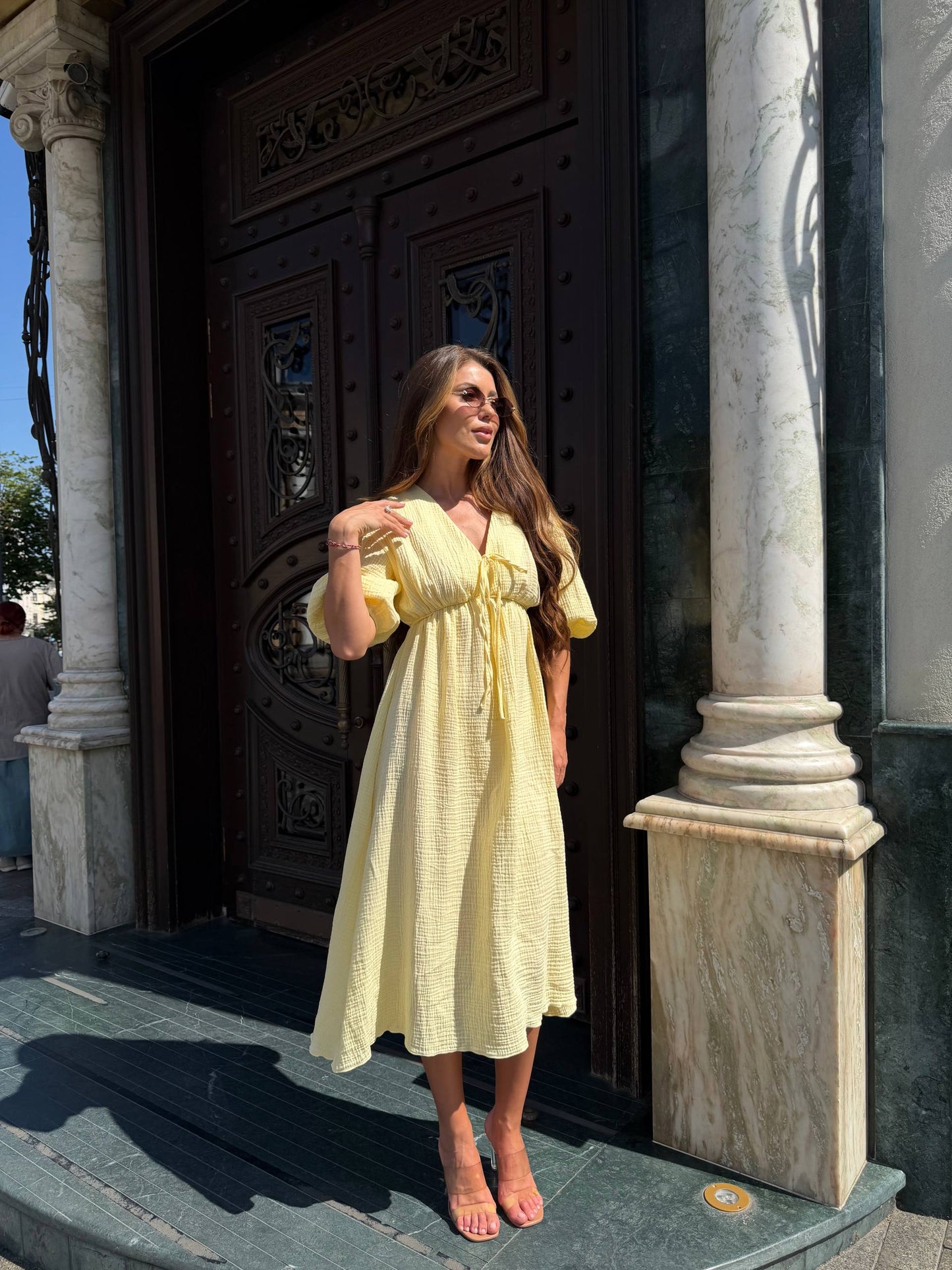 Women Muslin Midi Dress Yellow Puff Sleeves Empire Waist Tie Neckline Breathable Summer Dress