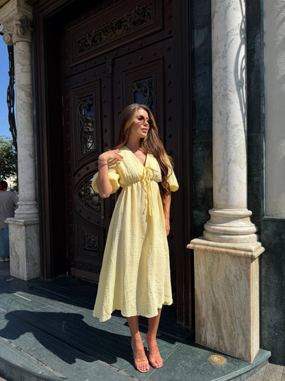 Women Muslin Midi Dress Yellow Puff Sleeves Empire Waist Tie Neckline Breathable Summer Dress
