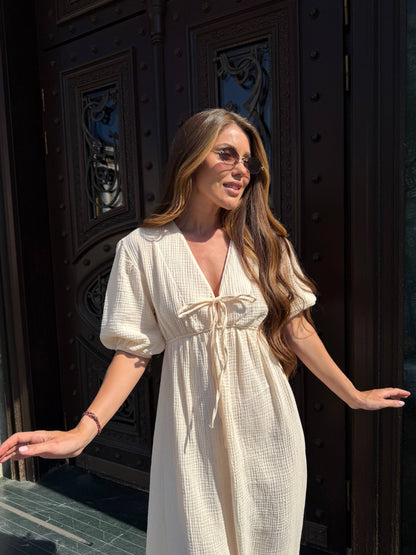 Cream Cotton Muslin Midi Dress for Women Puff Sleeve Tie Front High Waist Summer Dress
