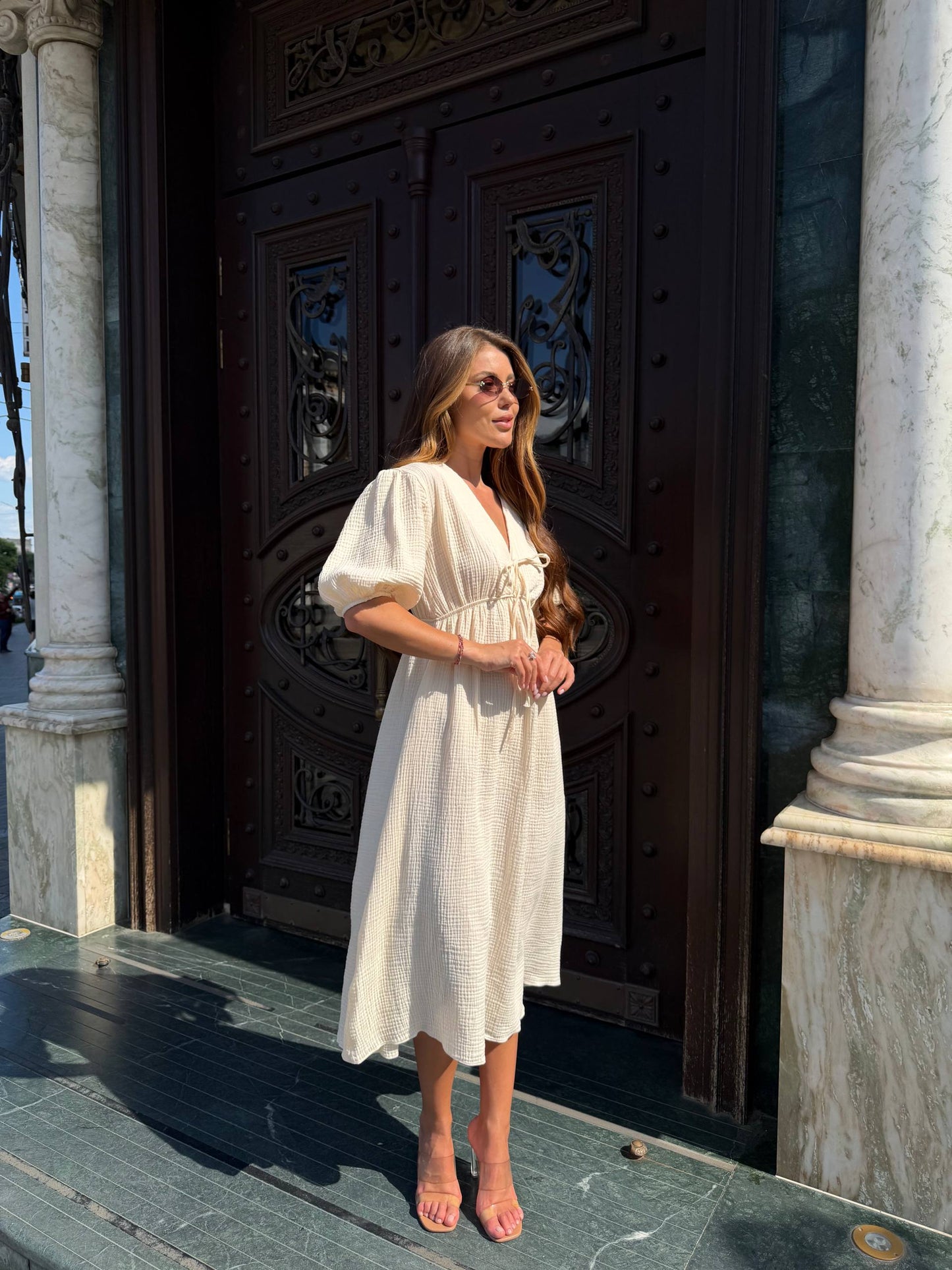 Cream Cotton Muslin Midi Dress for Women Puff Sleeve Tie Front High Waist Summer Dress