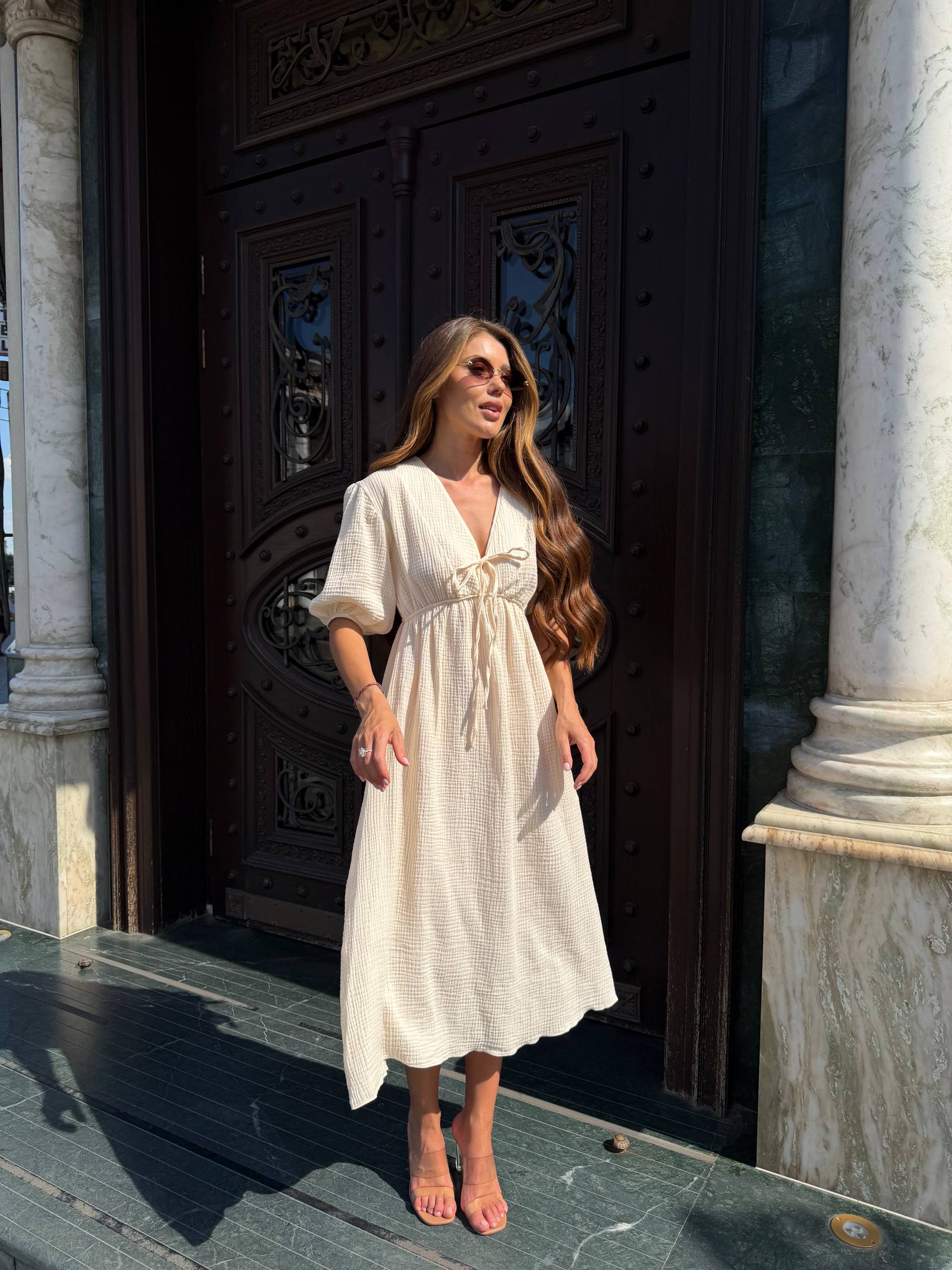 Cream Cotton Muslin Midi Dress for Women Puff Sleeve Tie Front High Waist Summer Dress