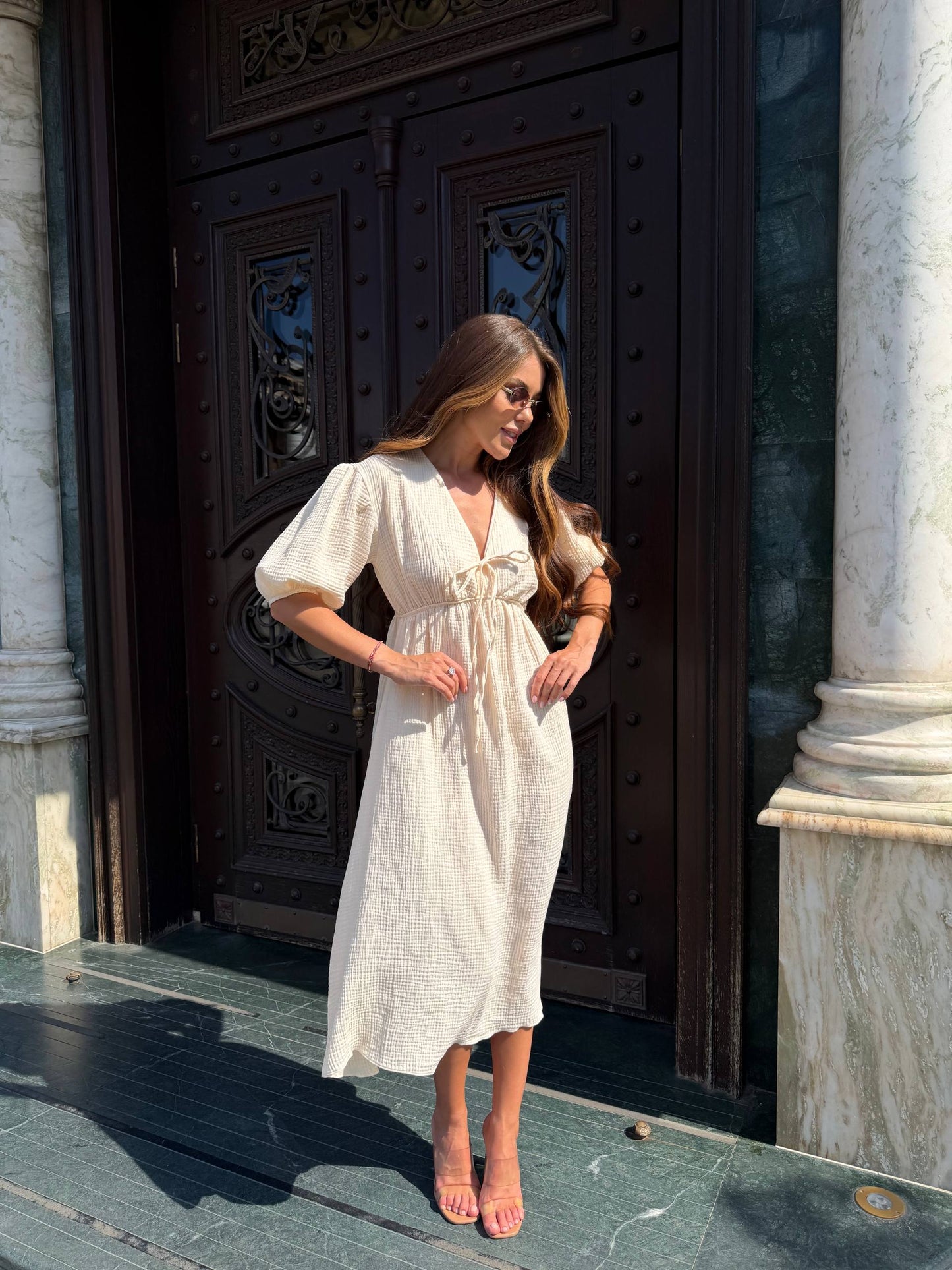 Cream Cotton Muslin Midi Dress for Women Puff Sleeve Tie Front High Waist Summer Dress