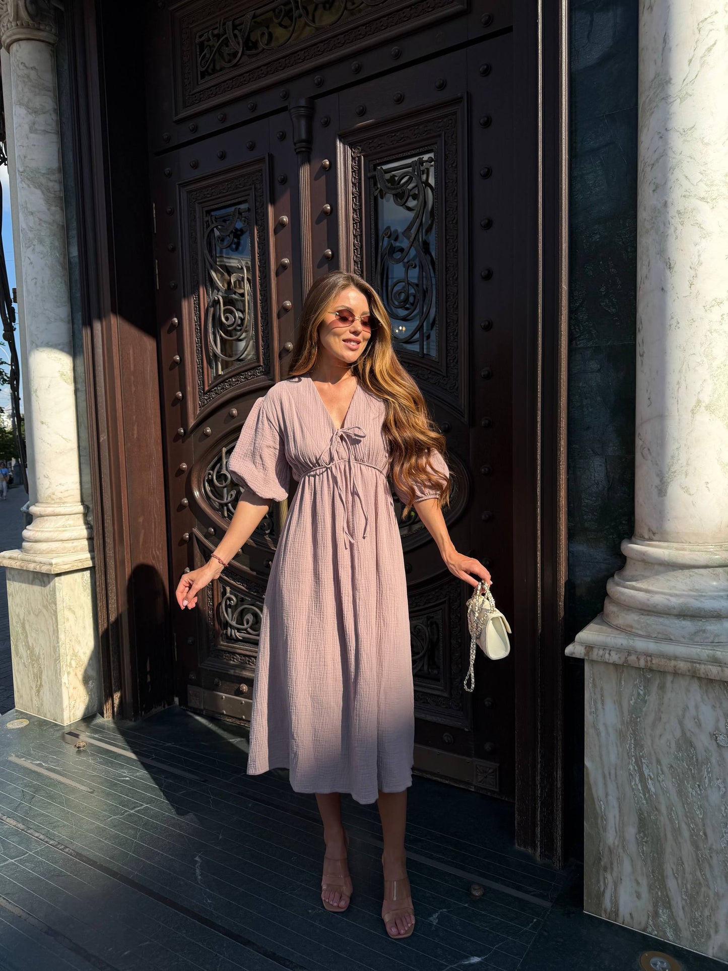 Muslin Midi Dress Puff Sleeves Tie Front