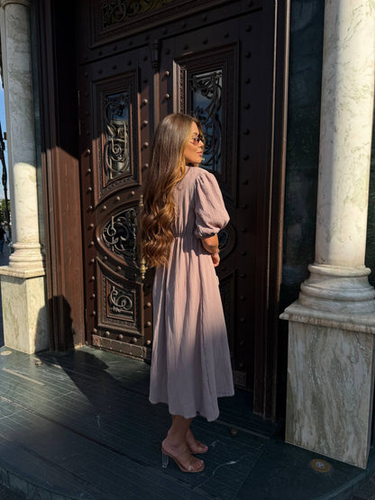 Muslin Midi Dress Puff Sleeves Tie Front