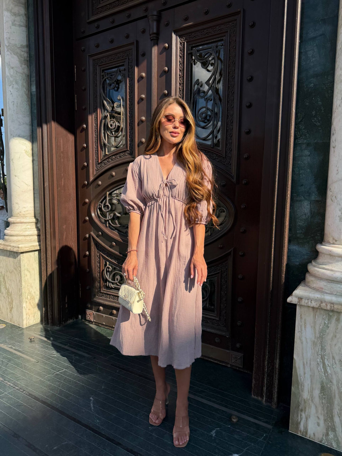 Muslin Midi Dress Puff Sleeves Tie Front