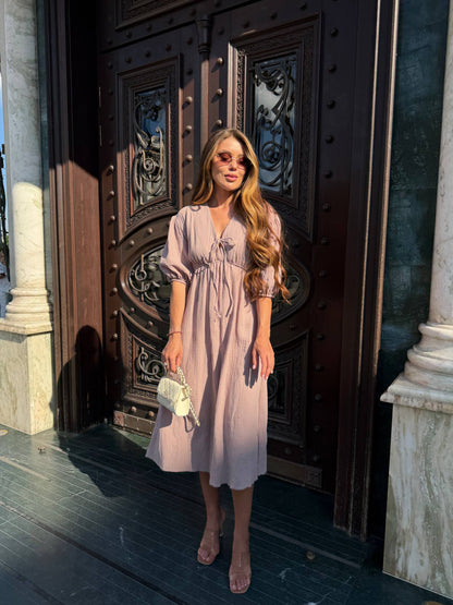 Muslin Midi Dress Puff Sleeves Tie Front