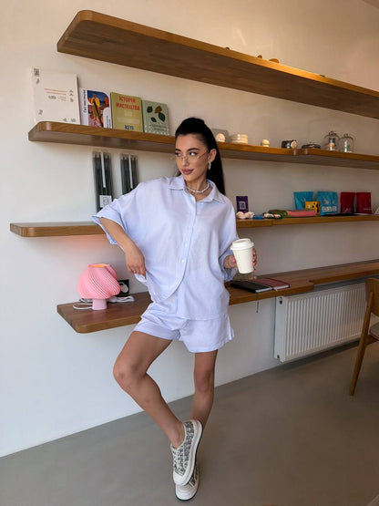 White Linen Two Piece Set Women Summer Casual Suit With Shorts And Shirt
