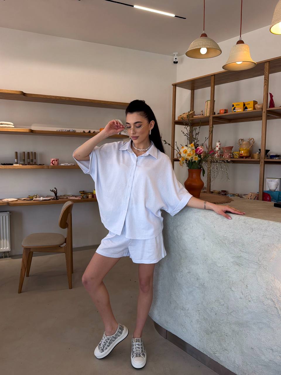 White Linen Two Piece Set Women Summer Casual Suit With Shorts And Shirt