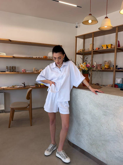 White Linen Two Piece Set Women Summer Casual Suit With Shorts And Shirt