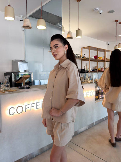 Beige Linen Two Piece Suit Women Shirt and Shorts Summer Linen Set