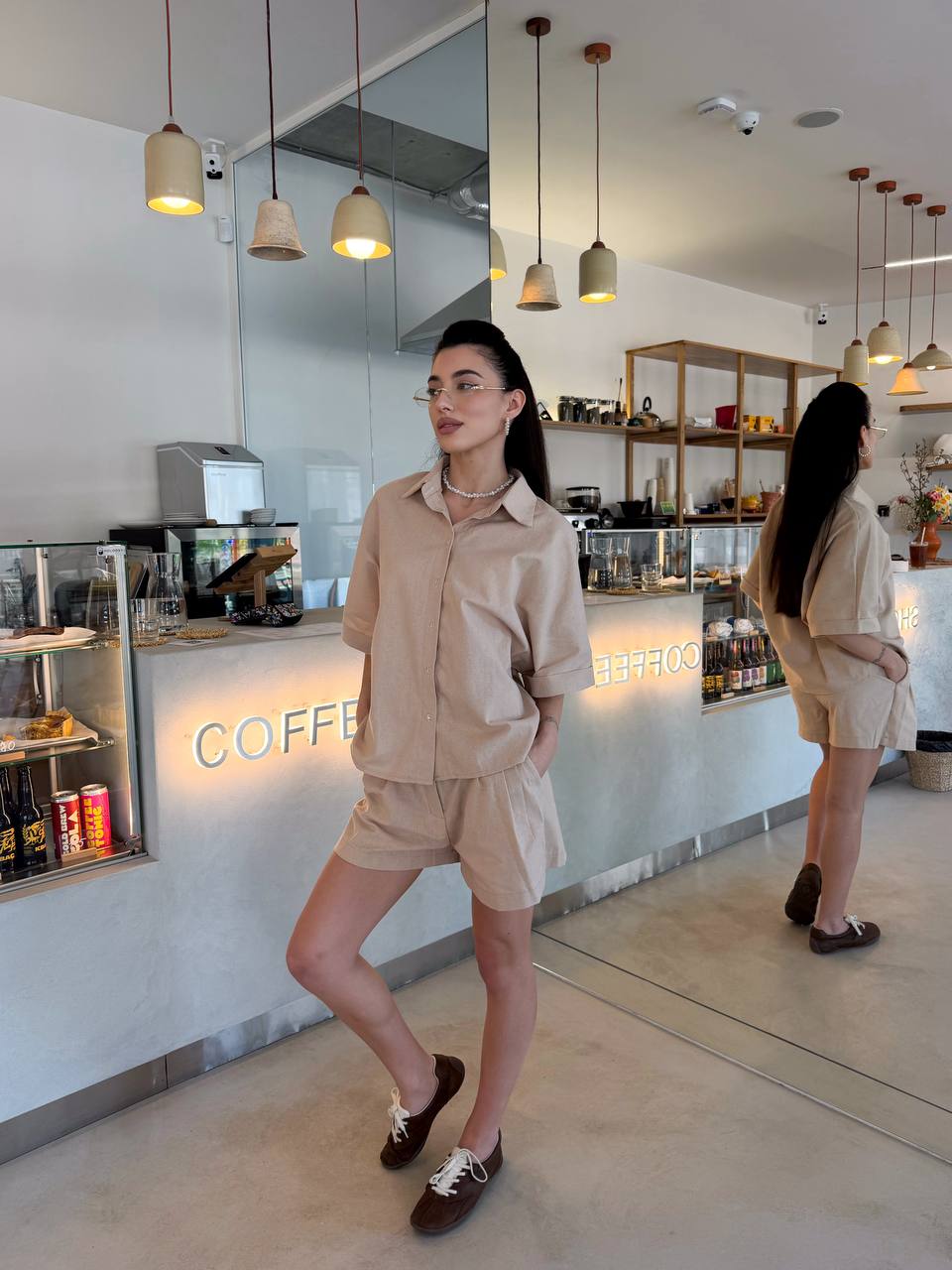 Beige Linen Two Piece Suit Women Shirt and Shorts Summer Linen Set