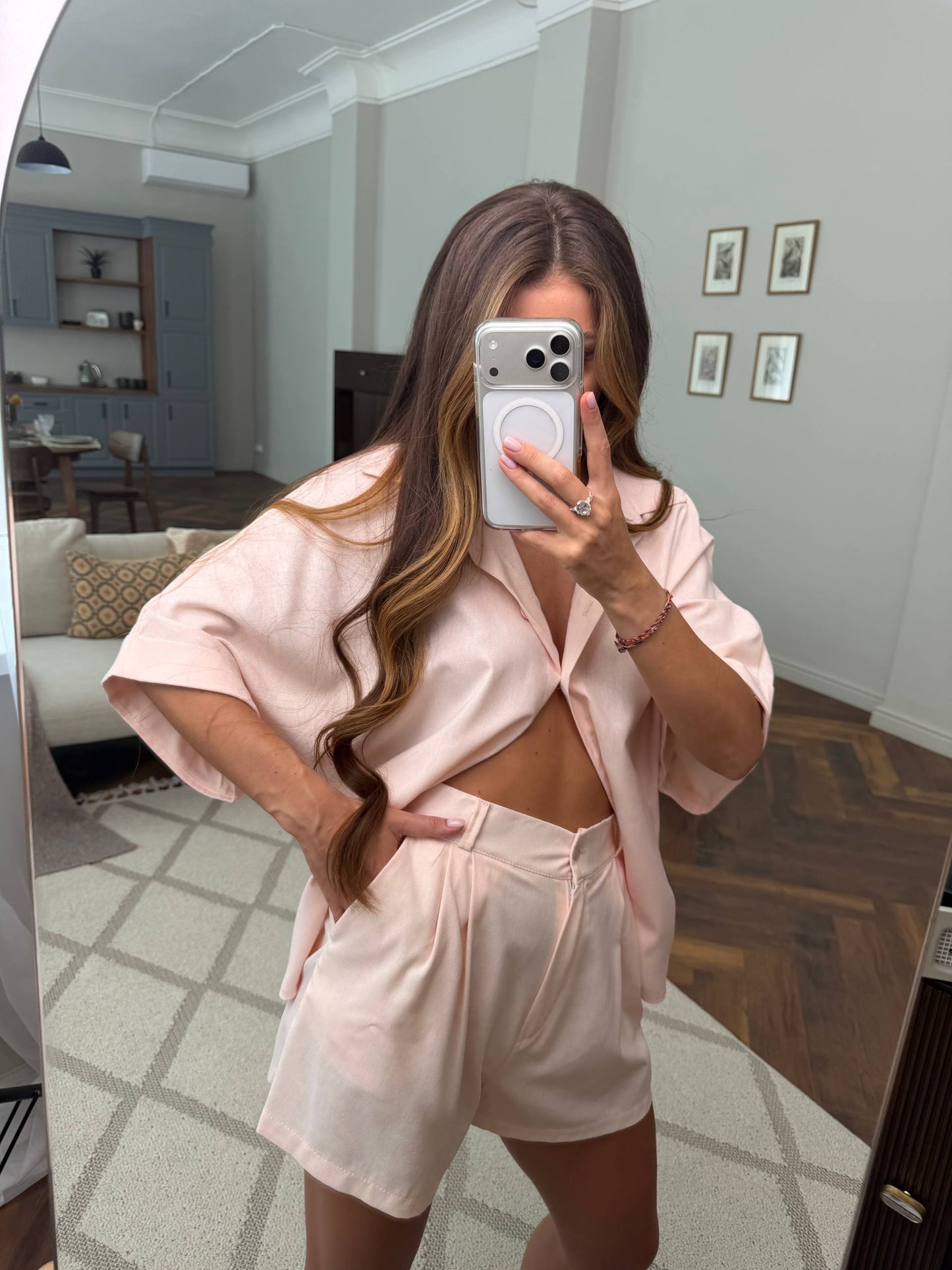 Linen Two Piece Set Women Pink Short Sleeve Shirt And Shorts Lightweight Summer Casual