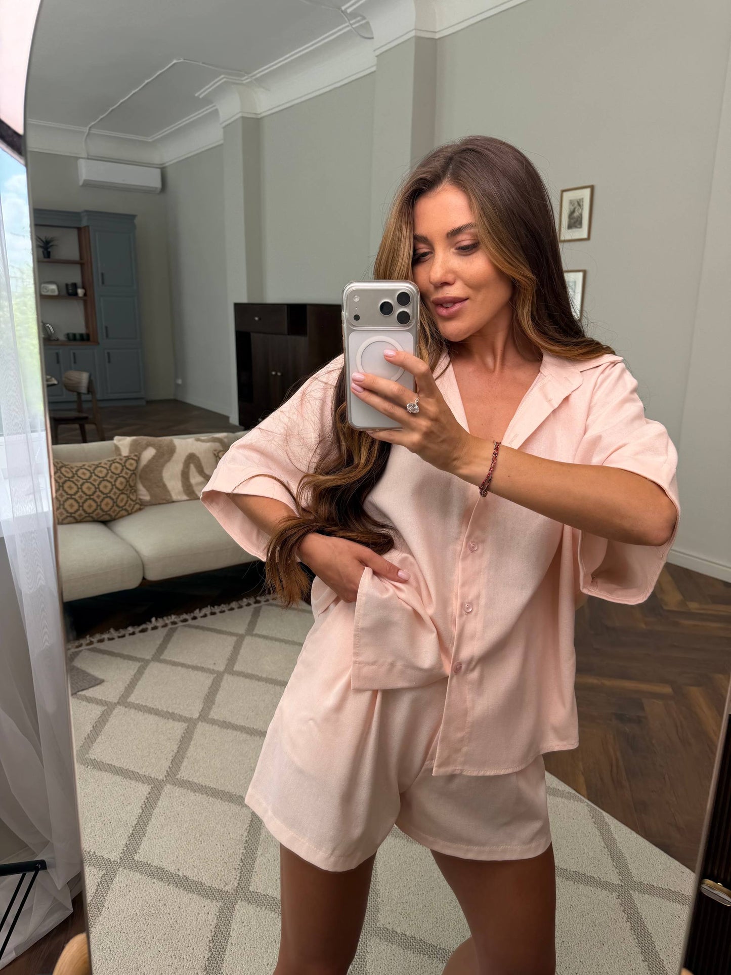 Linen Two Piece Set Women Pink Short Sleeve Shirt And Shorts Lightweight Summer Casual