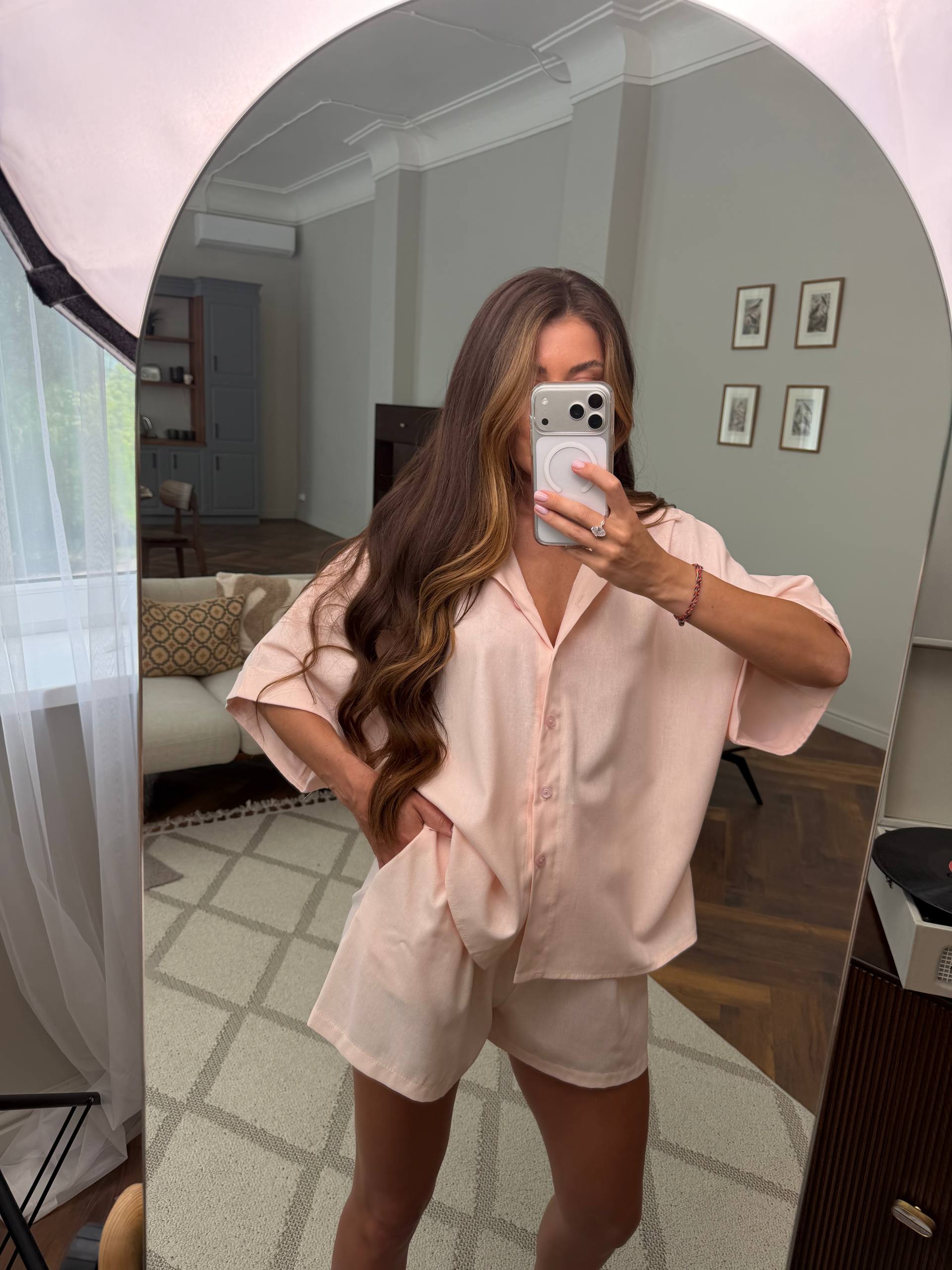 Linen Two Piece Set Women Pink Short Sleeve Shirt And Shorts Lightweight Summer Casual
