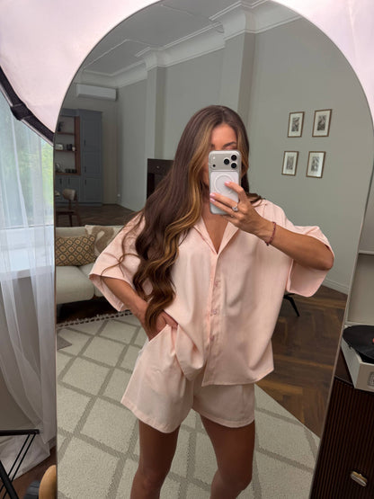 Linen Two Piece Set Women Pink Short Sleeve Shirt And Shorts Lightweight Summer Casual