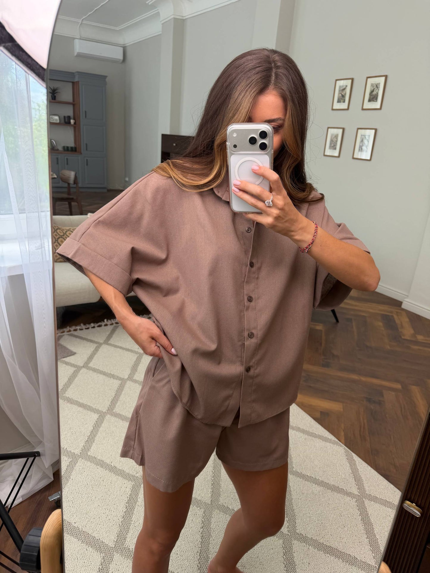 Womens Linen Two Piece Suit Brown Short Set Loose Fit Casual Summer Linen Outfit