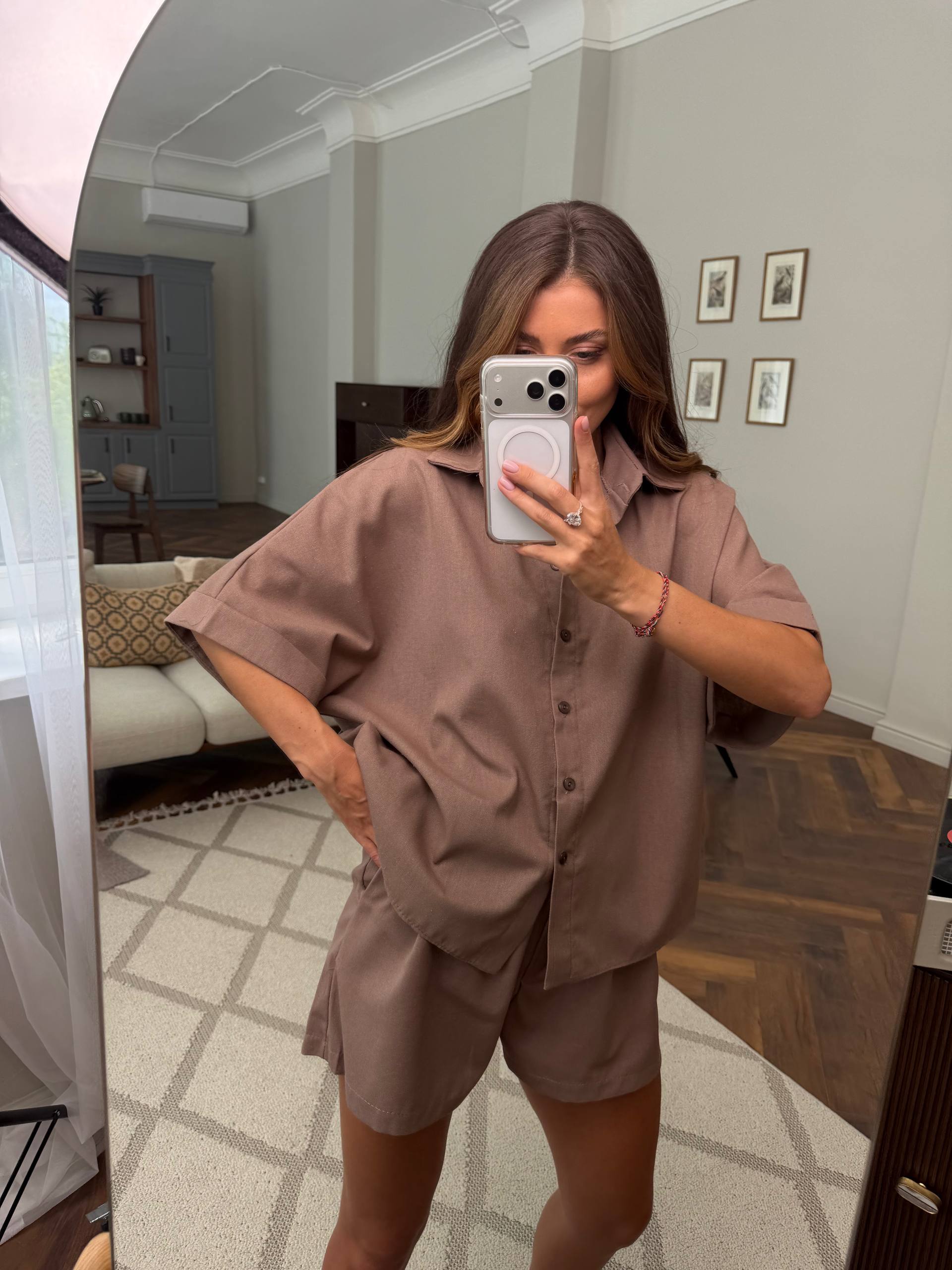 Womens Linen Two Piece Suit Brown Short Set Loose Fit Casual Summer Linen Outfit
