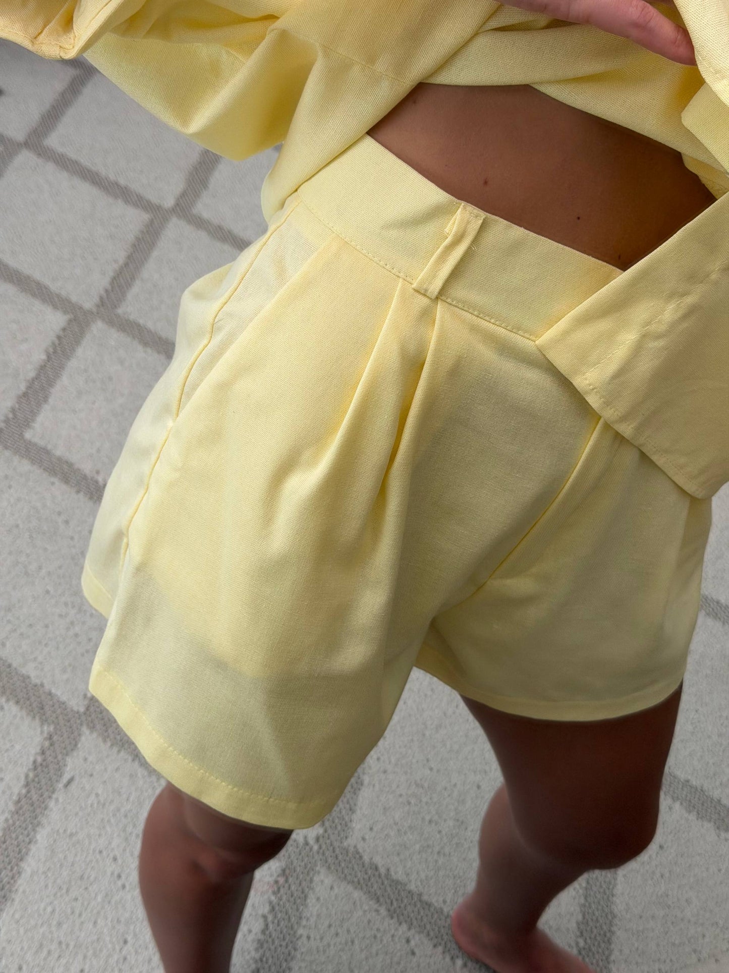 Yellow Linen Two Piece Suit Women Shirt And Shorts Summer Set