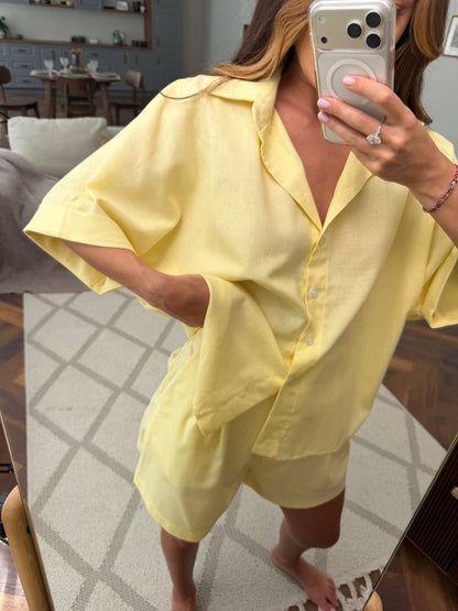 Yellow Linen Two Piece Suit Women Shirt And Shorts Summer Set
