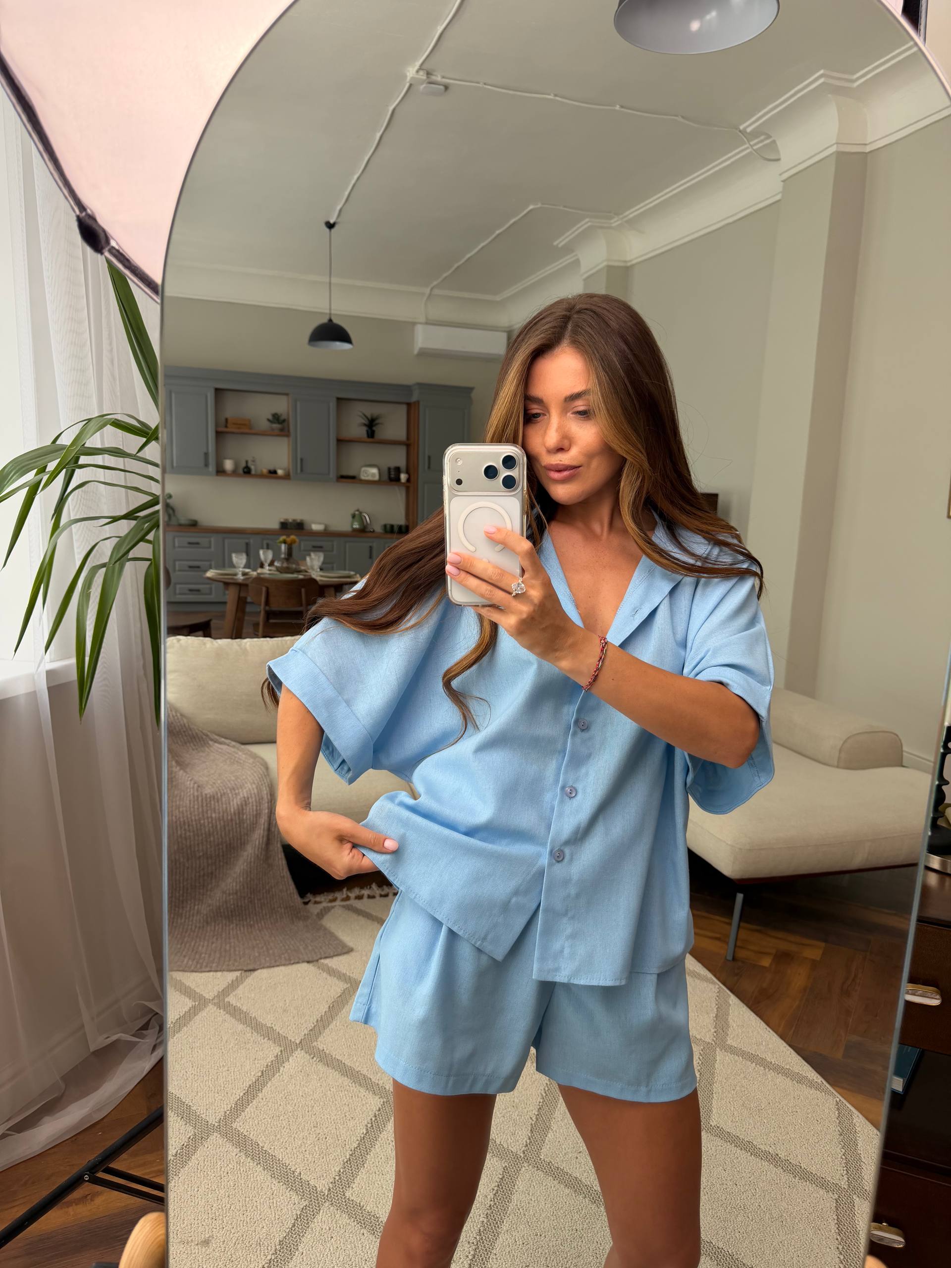 Light Blue Linen Two Piece Suit for Women Shirt and Shorts Set Summer Casual