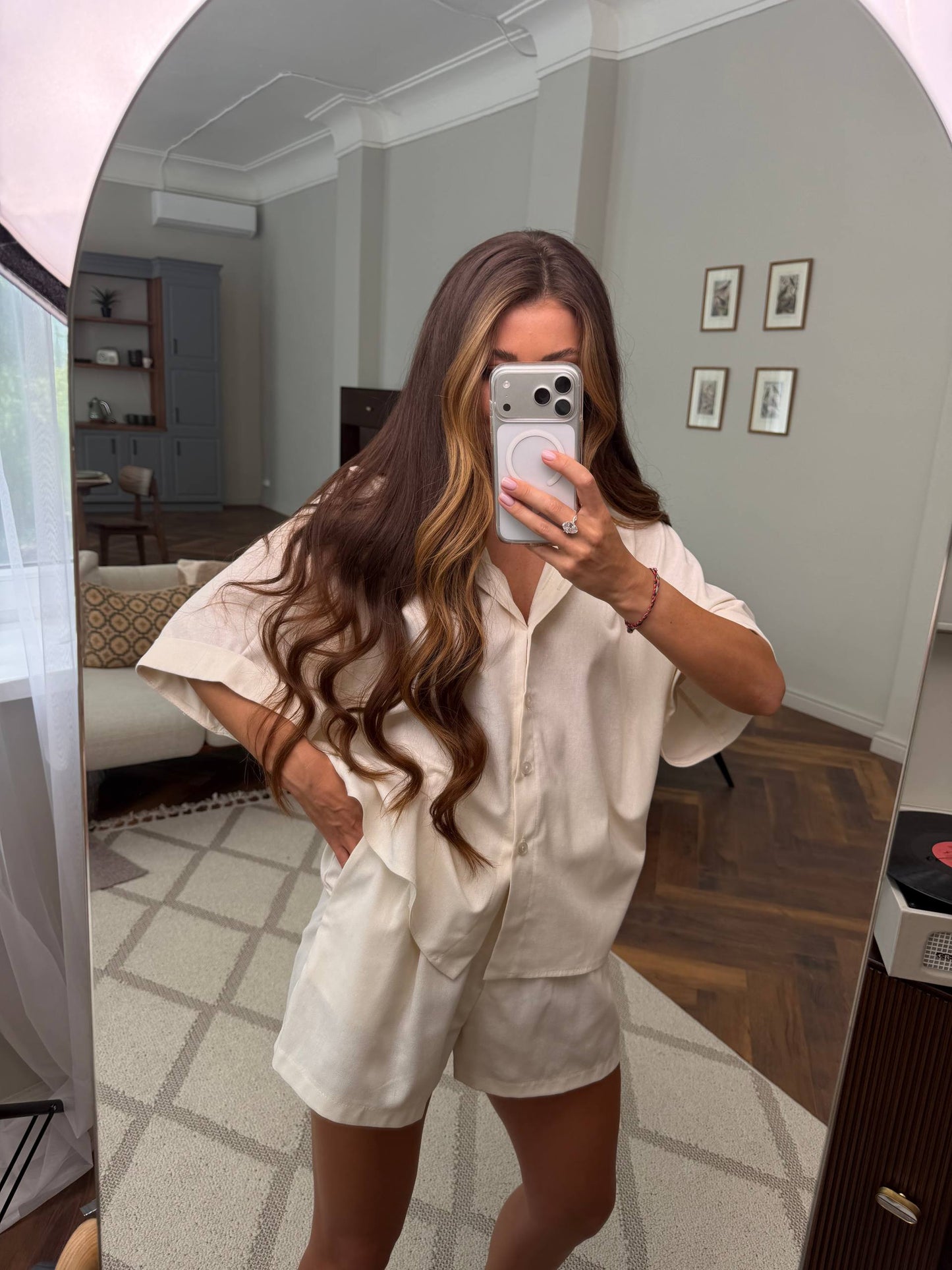 Beige Linen Two Piece Suit for Women Relaxed Shirt and Shorts Summer Set