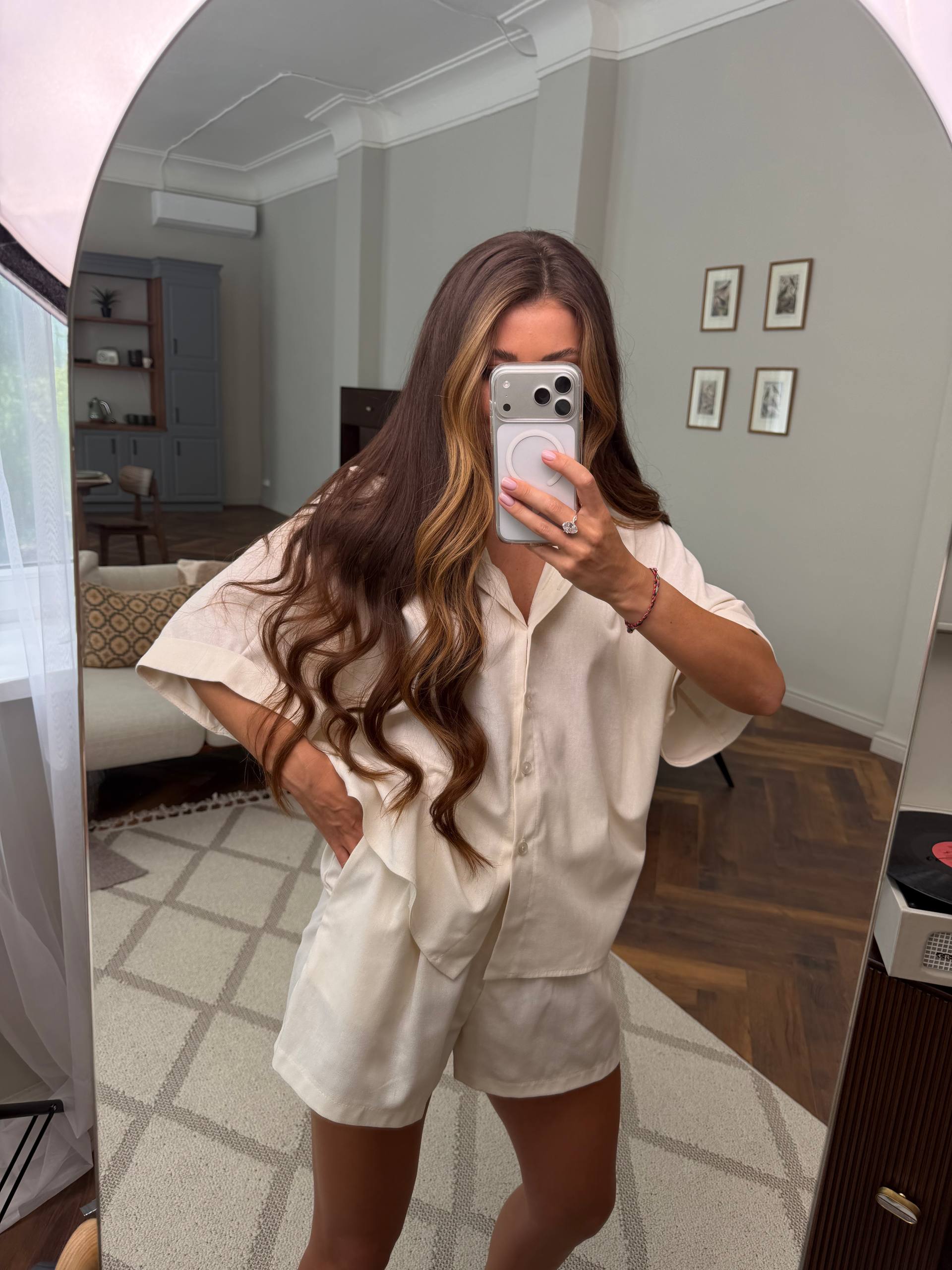 Beige Linen Two Piece Suit for Women Relaxed Shirt and Shorts Summer Set