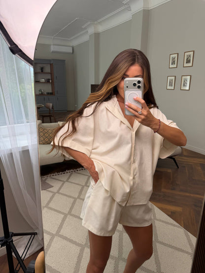 Beige Linen Two Piece Suit for Women Relaxed Shirt and Shorts Summer Set