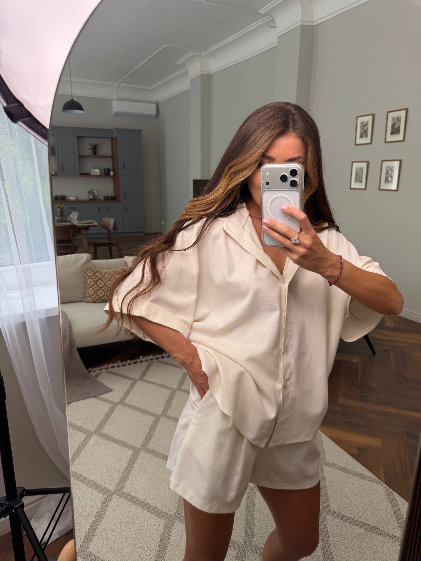 Beige Linen Two Piece Suit for Women Relaxed Shirt and Shorts Summer Set