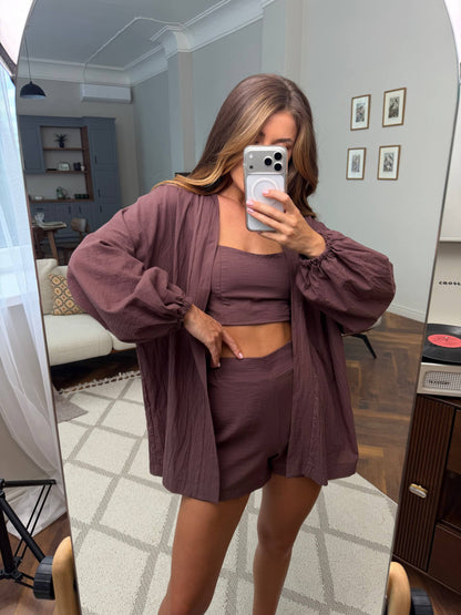 Cotton Batiste Three Piece Set Women Shorts Top Shirt Lightweight Breathable