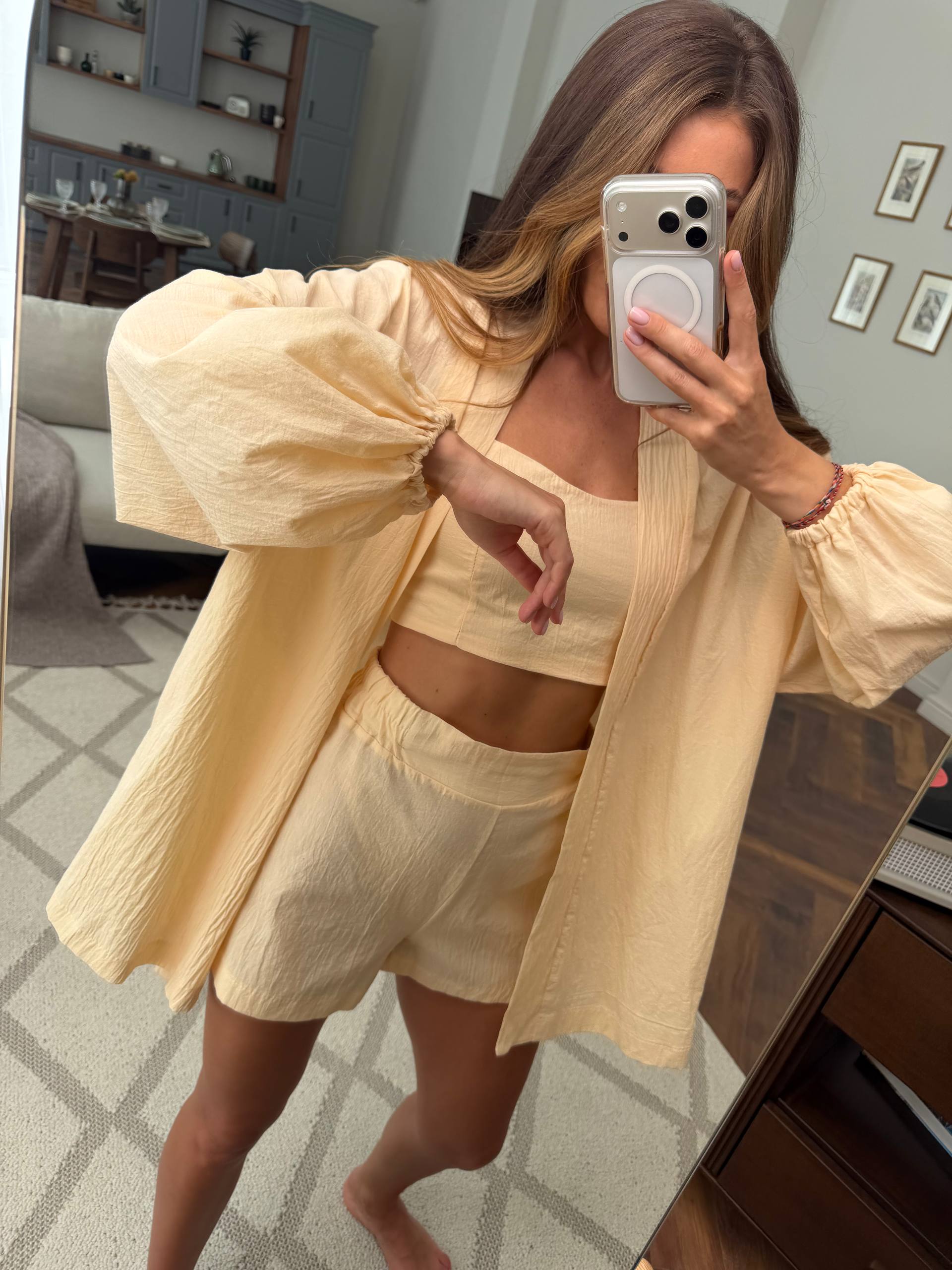 Womens Three Piece Cotton Batiste Set Beige Breathable Summer Suit