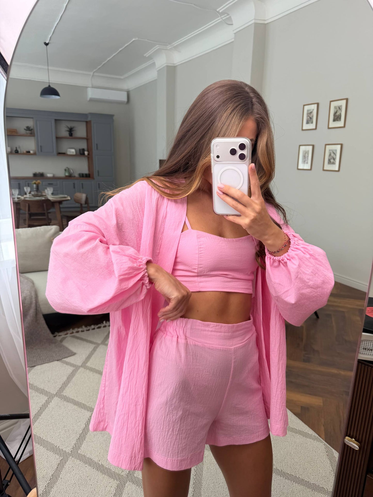 Pink Women Three Piece Suit Cotton Batiste Breathable Shorts Set