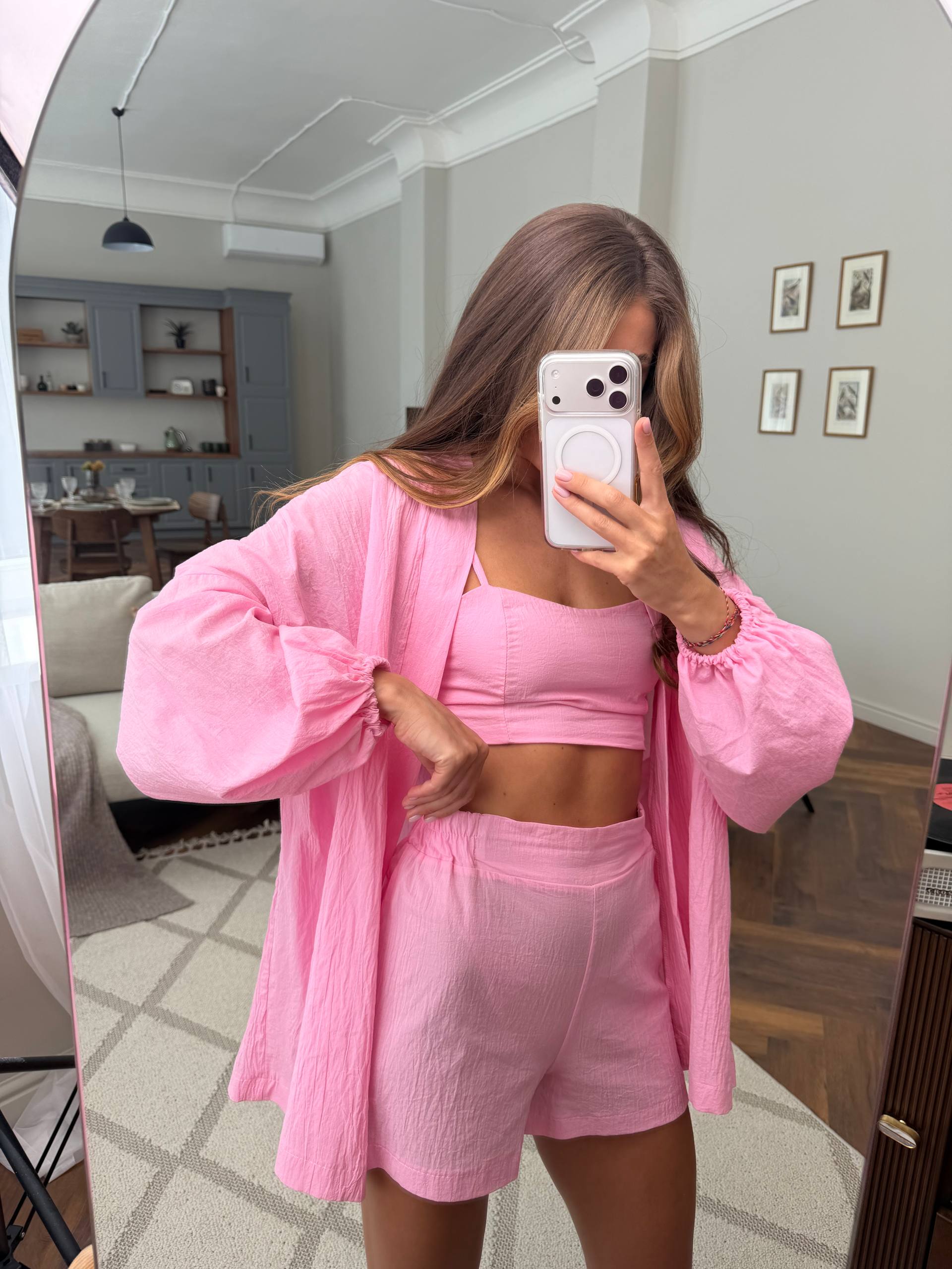 Pink Women Three Piece Suit Cotton Batiste Breathable Shorts Set