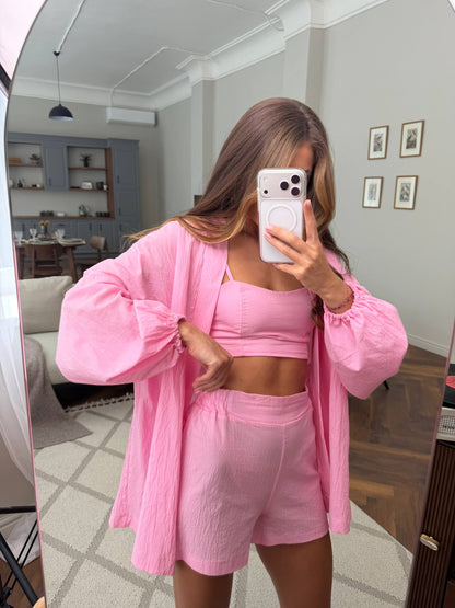 Pink Women Three Piece Suit Cotton Batiste Breathable Shorts Set