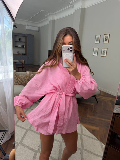 Pink Women Three Piece Suit Cotton Batiste Breathable Shorts Set