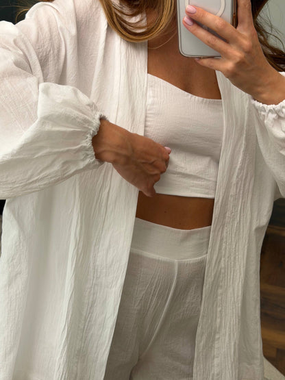 White Cotton Batiste Three Piece Suit for Women Breathable Summer Set Shorts Top Shirt
