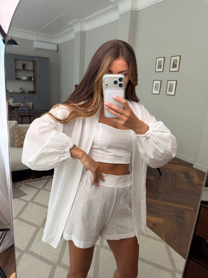 White Cotton Batiste Three Piece Suit for Women Breathable Summer Set Shorts Top Shirt