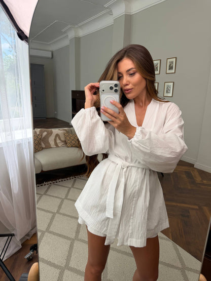 White Cotton Batiste Three Piece Suit for Women Breathable Summer Set Shorts Top Shirt